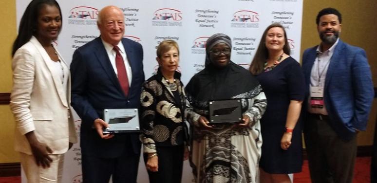 From left to right: DarKenya Waller, J. Houston Gordon, Justice Janice M. Holder, Zulfat Suara, Laura Brown, and Herman Hicks